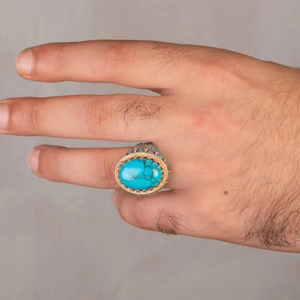 Wo Cheng WISH cross-border hot selling new vintage men's electroplating two-color inlaid turquoise ring factory direct sales