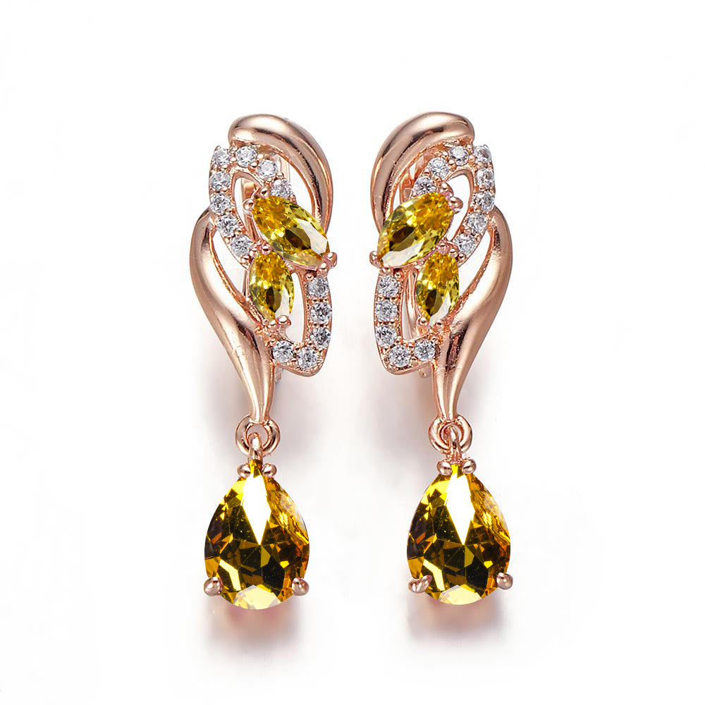 1 Pair Gold Color Waterdrop Flower Earrings Bridal Wedding Accessories Jewelry Exquisite Teardrop Pink Stone Dangle Long Earrings