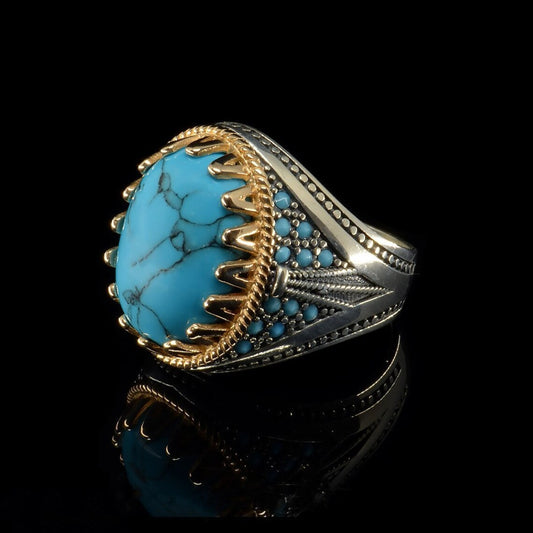 Wo Cheng WISH cross-border hot selling new vintage men's electroplating two-color inlaid turquoise ring factory direct sales